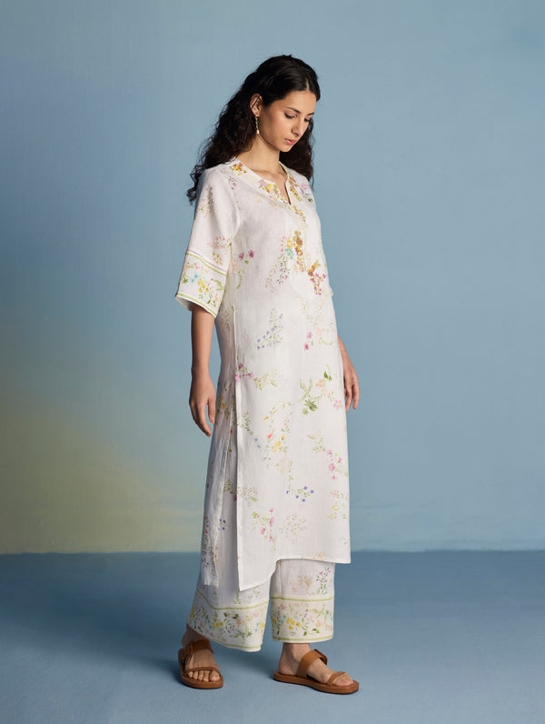 Para Hand-Embroidered Linen Kurta Set  - White