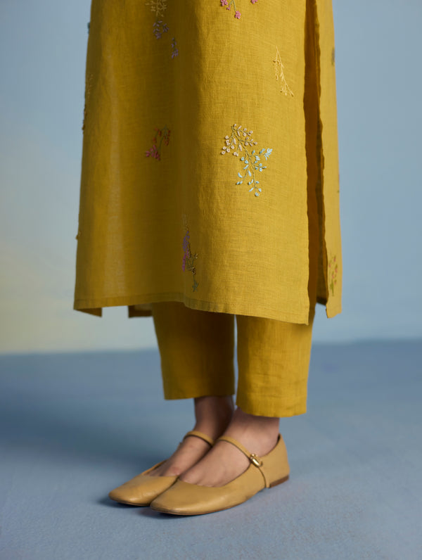 Emra Hand-Embroidered Linen Kurta - Mustard