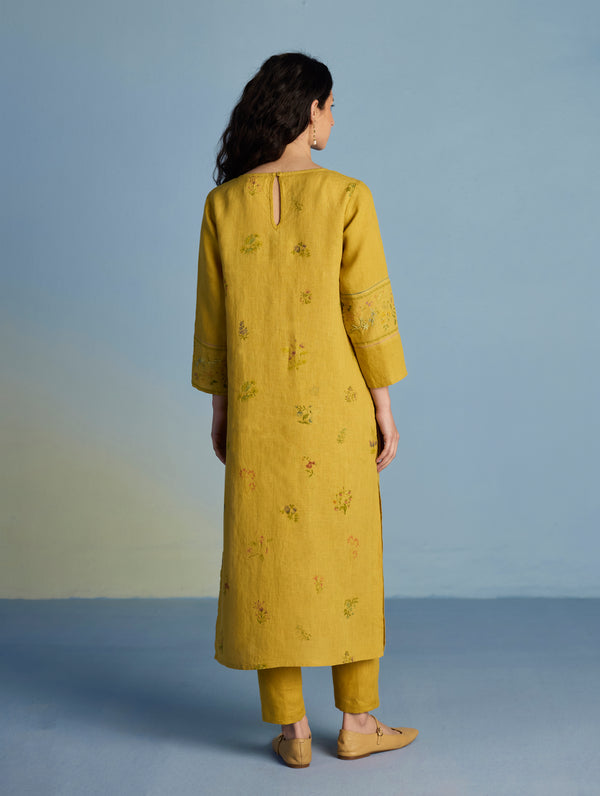 Emra Hand-Embroidered Linen Kurta - Mustard