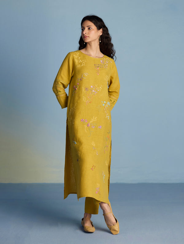Emra Hand-Embroidered Linen Kurta - Mustard