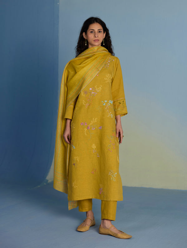 Emra Hand-Embroidered Linen Kurta - Mustard