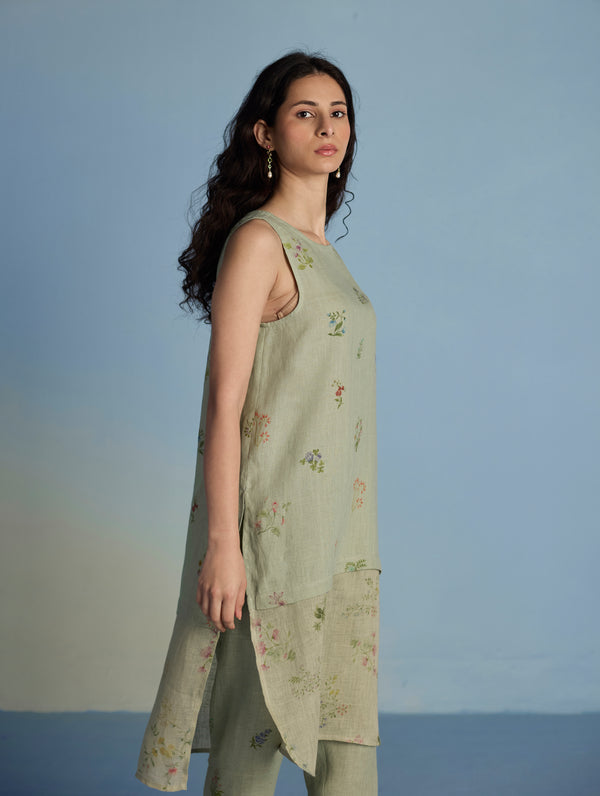 Aneya Patchwork Floral Linen Kurta - Mint
