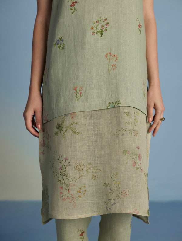 Aneya Patchwork Floral Linen Kurta - Mint