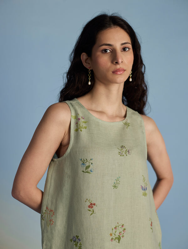 Aneya Patchwork Floral Linen Kurta - Mint