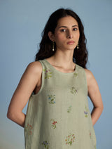 Aneya Patchwork Floral Linen Kurta - Mint