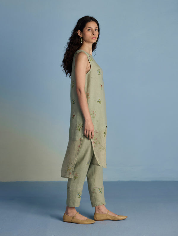 Aneya Patchwork Floral Linen Kurta - Mint