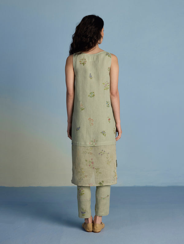 Aneya Patchwork Floral Linen Kurta - Mint