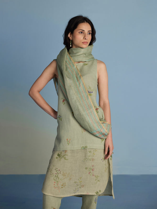Aneya Patchwork Floral Linen Kurta - Mint