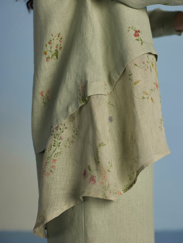 Leina A-Line Floral Linen Shirt - Mint