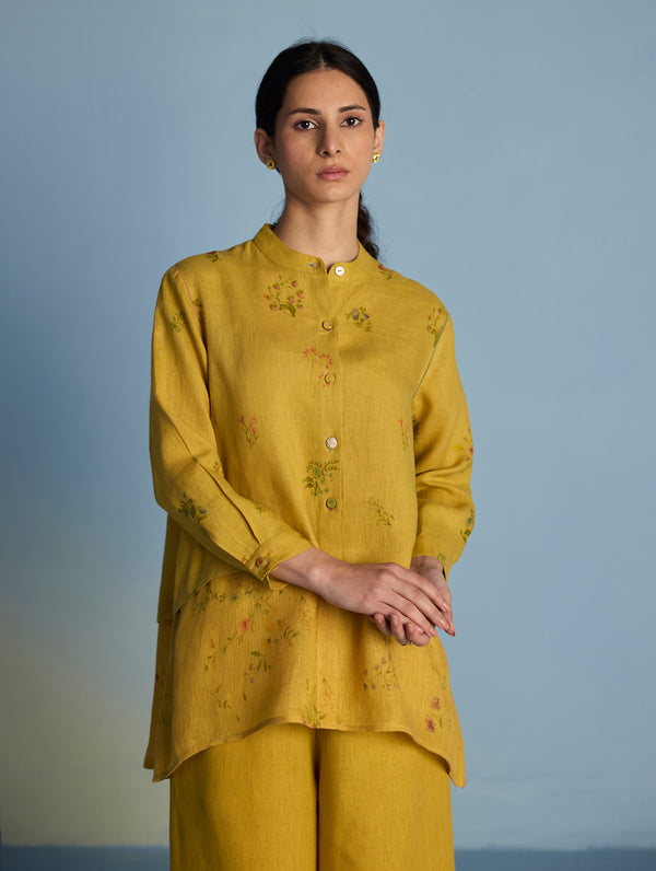 Leina A-Line Floral Linen Shirt - Ochre