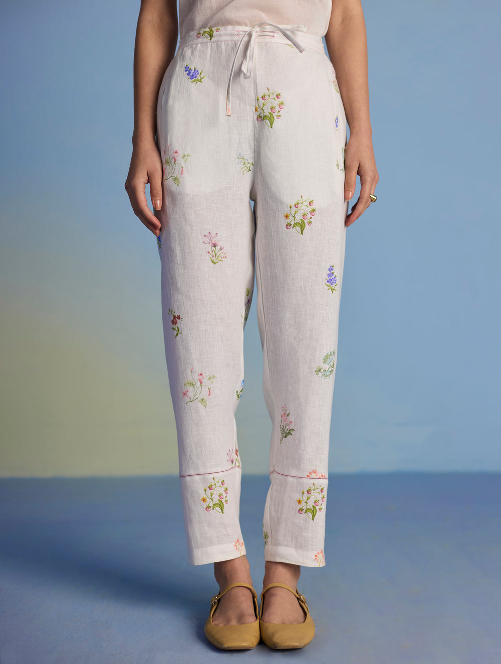 Nama Floral Linen Pant - White