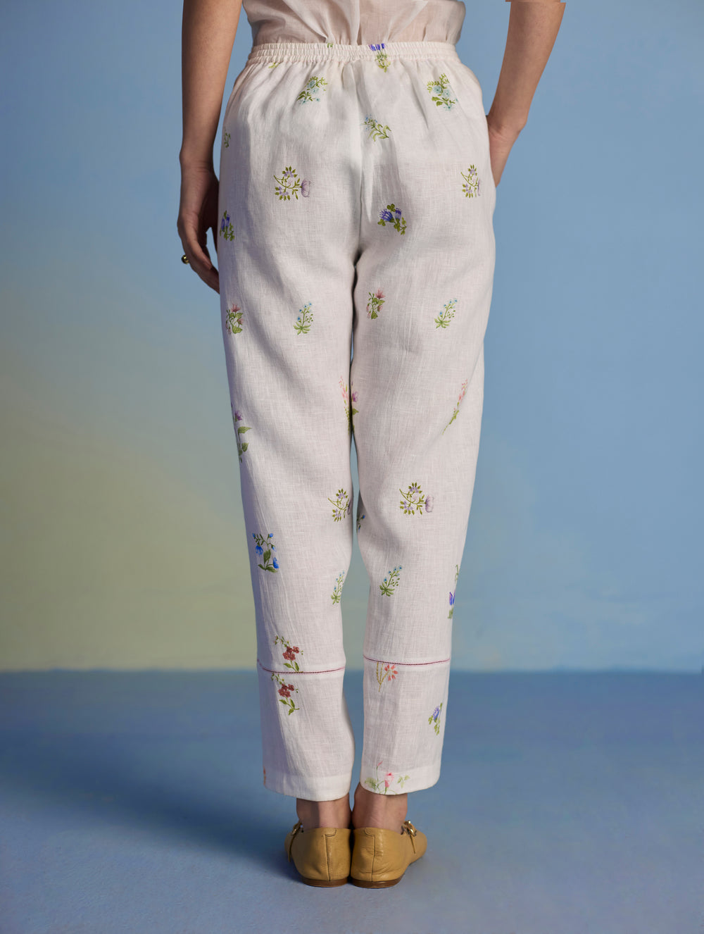 Nama Floral Linen Pant - White