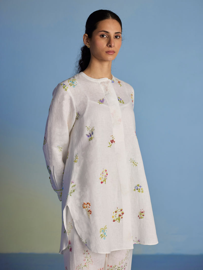 Anya Hand-Embroidered Floral Linen Co-ord Set - White