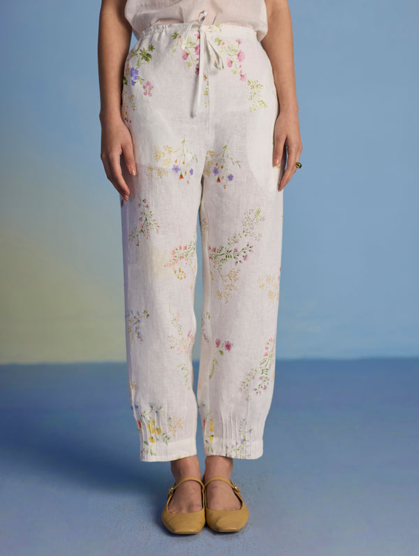 Anya Hand-Embroidered Floral Linen Co-ord Set - White