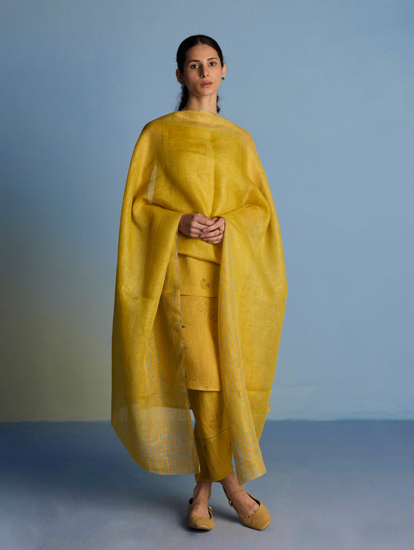 Aneya Patchwork Floral Linen Kurta Set - Ochre