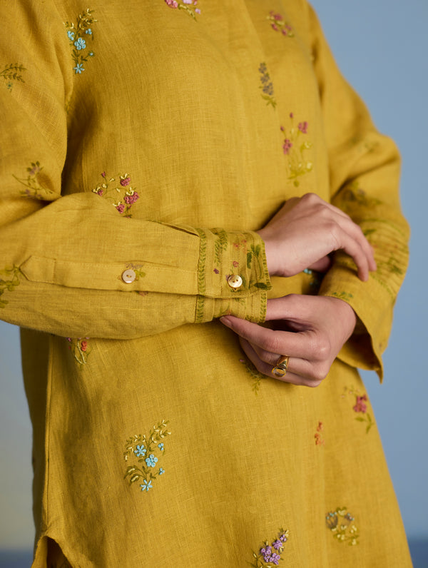 Anya Hand-Embroidered Floral Linen Kurta - Ochre