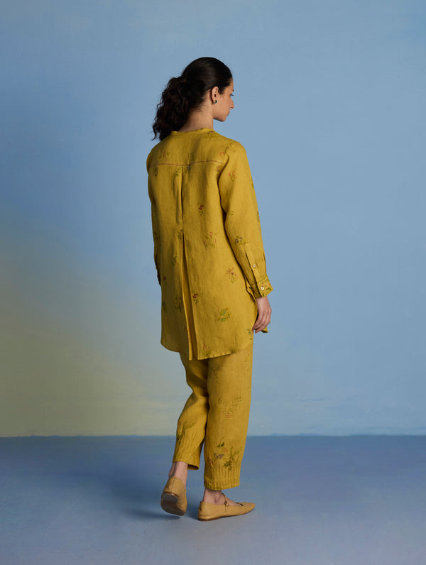 Anya Hand-Embroidered Floral Linen Kurta - Ochre