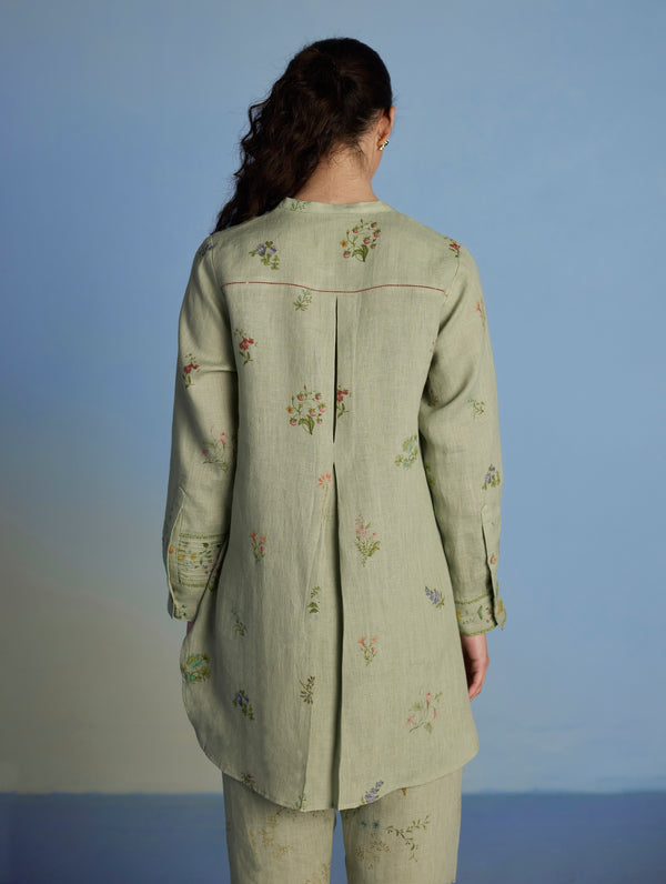 Anya Hand-Embroidered Floral Linen Kurta - Mint