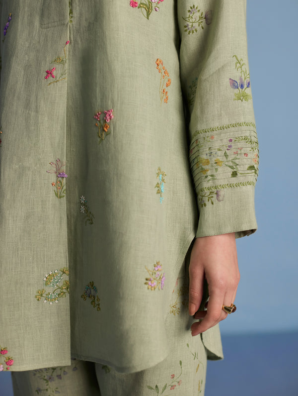 Anya Hand-Embroidered Floral Linen Kurta - Mint