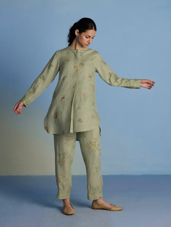 Anya Hand-Embroidered Floral Linen Kurta - Mint