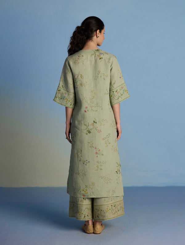 Para Hand-Embroidered Linen Kurta - Mint