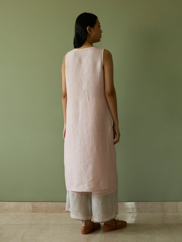 Yara Sleeveless Border Linen Kurta - Blush