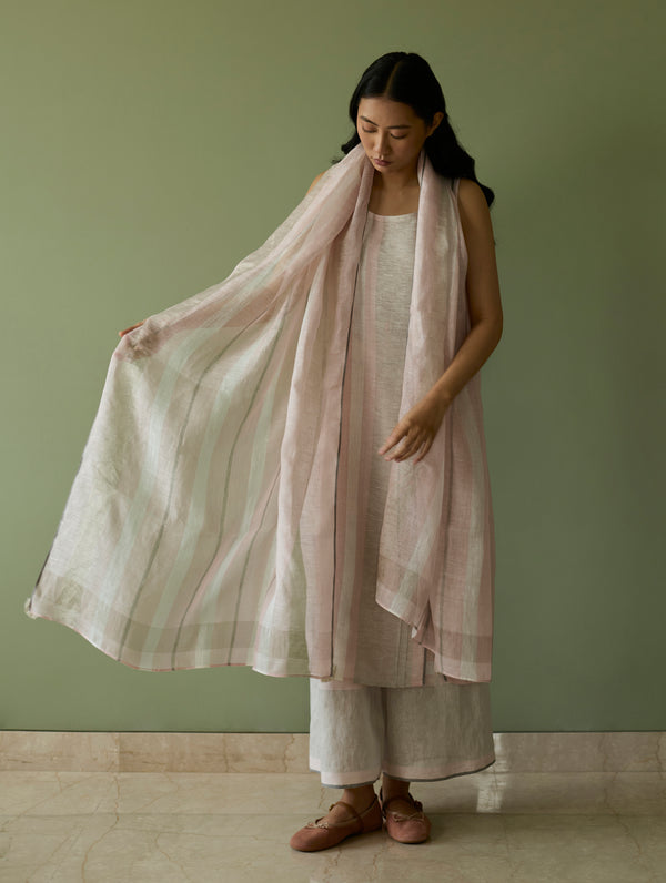 Emma Metallic Stripes Handwoven Linen Dupatta - Blush