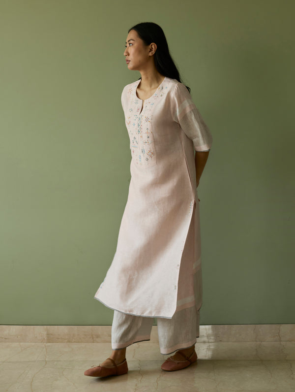 Vira Hand-Emboidered Linen Kurta Set - Blush