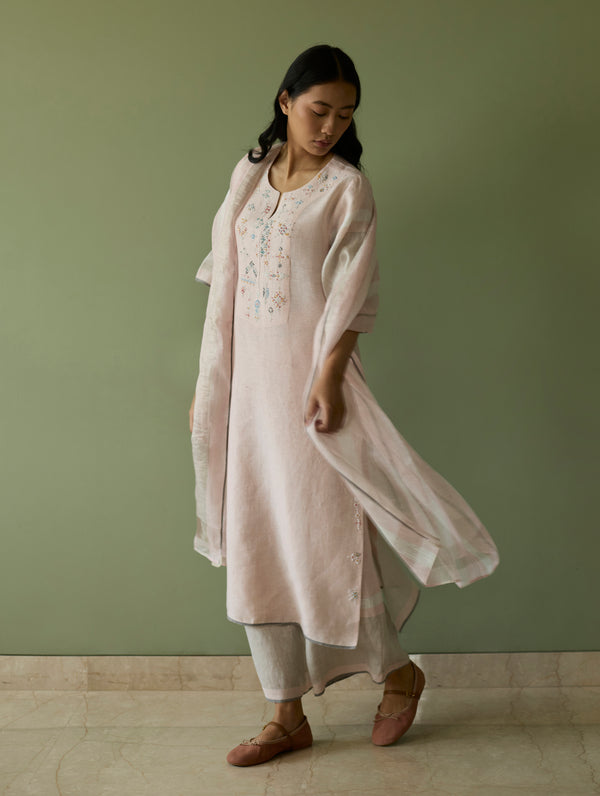 Vira Hand-Emboidered Linen Kurta Set - Blush