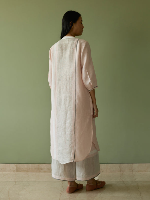 Mori Border Linen Shirt Kurta Set - Blush