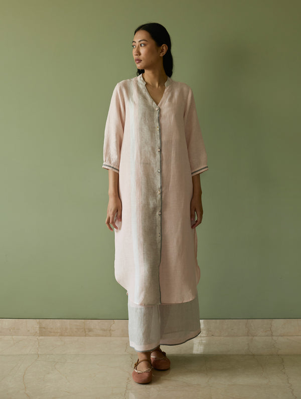Mori Border Linen Shirt Kurta - Blush