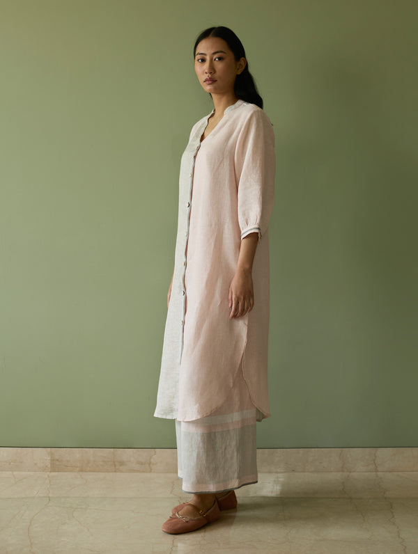 Mori Border Linen Shirt Kurta - Blush