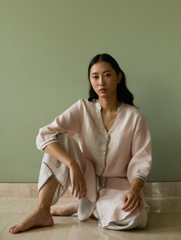 Mori Border Linen Shirt Kurta Set - Blush