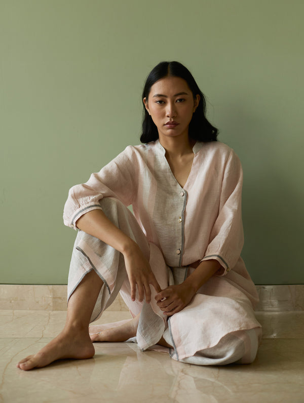 Mori Border Linen Shirt Kurta Set - Blush