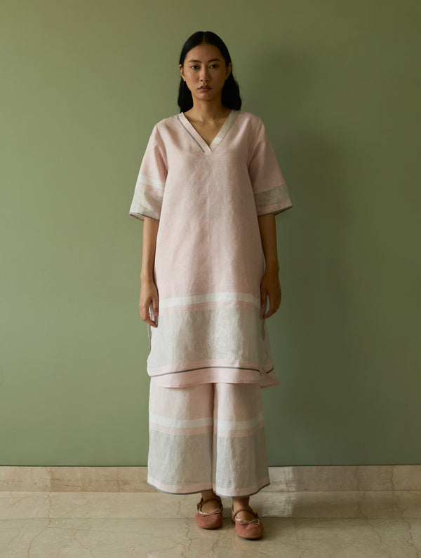 Iva Border Linen Kurta Set - Blush