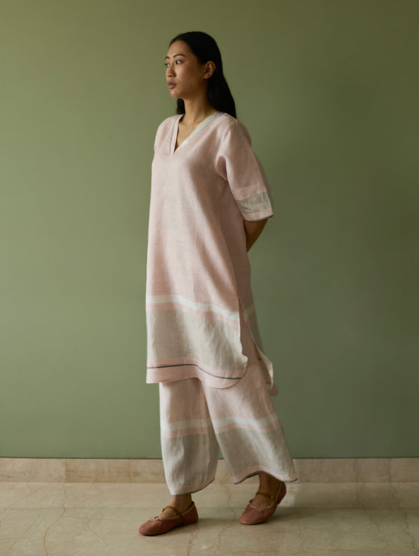 Iva Border Linen Kurta - Blush