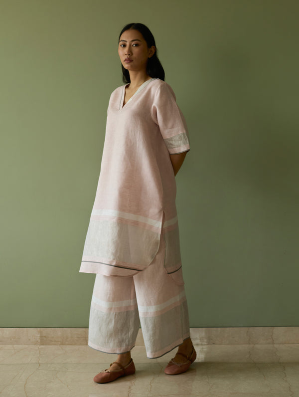 Iva Border Linen Kurta Set - Blush