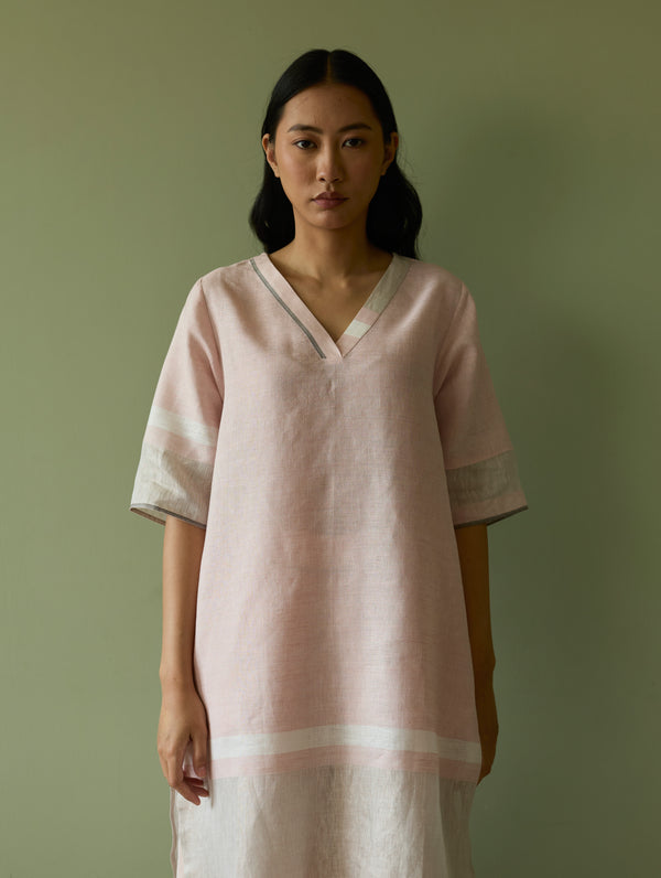 Iva Border Linen Kurta - Blush