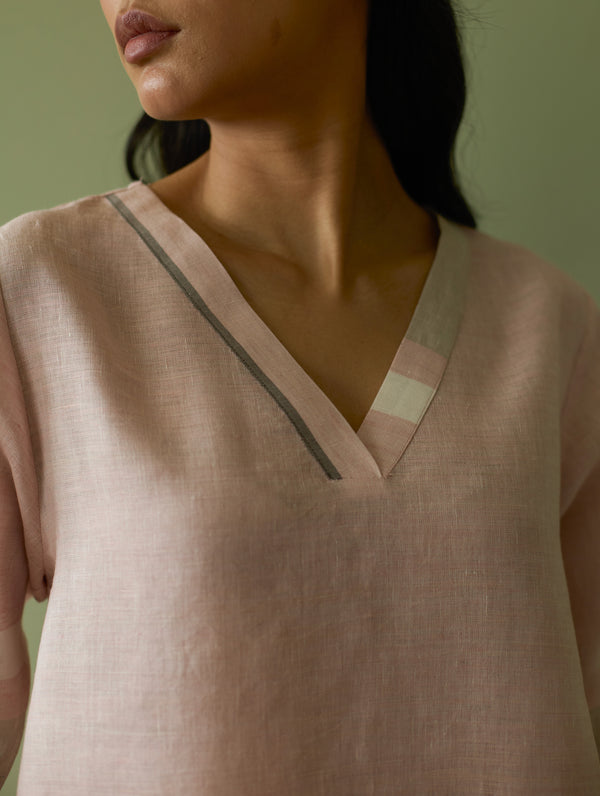 Iva Border Linen Kurta Set - Blush