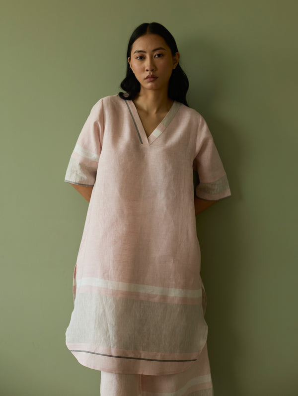 Iva Border Linen Kurta Set - Blush