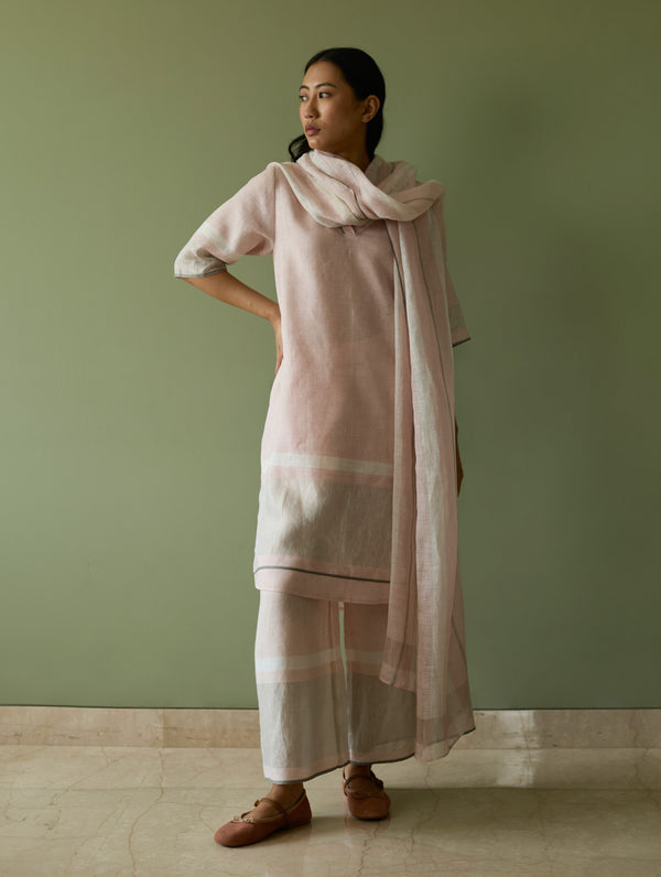Iva Border Linen Kurta Set - Blush