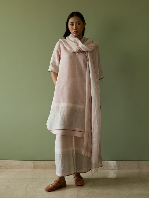 Iva Border Linen Kurta Set - Blush