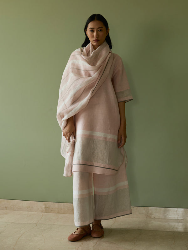 Iva Border Linen Kurta Set - Blush