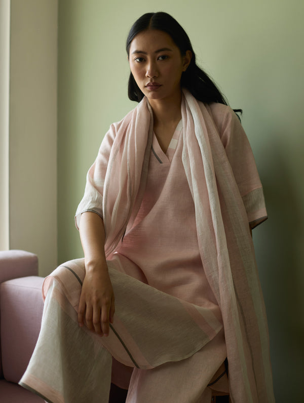 Iva Border Linen Kurta Set - Blush