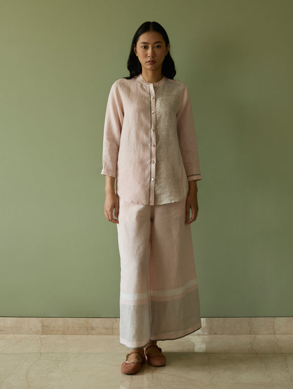 Aline Mandarin Collar Border Linen Shirt - Blush