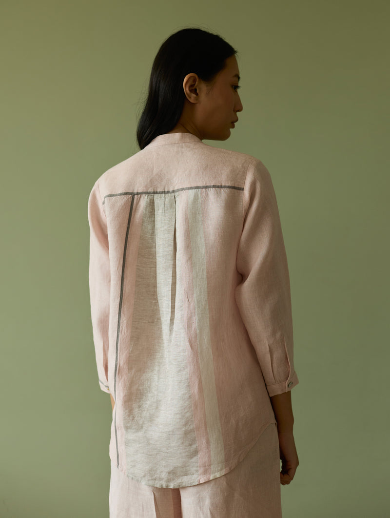 Aline Mandarin Collar Border Linen Shirt - Blush