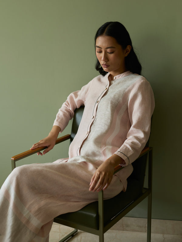 Aline Mandarin Collar Border Linen Shirt - Blush