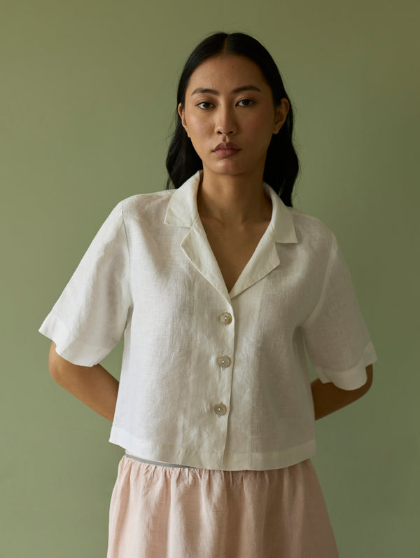 Kiera Cuban Collar Linen Shirt - Ivory
