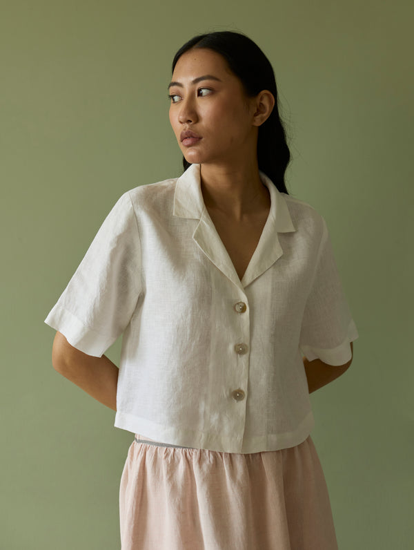 Kiera Cuban Collar Linen Shirt - Ivory