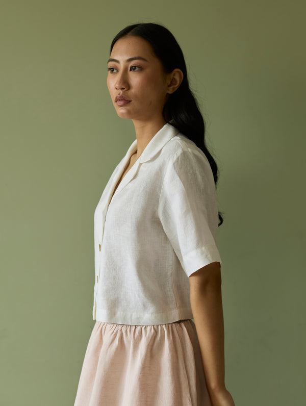Kiera Cuban Collar Linen Shirt - Ivory